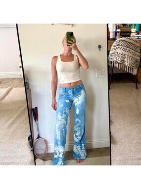 L.E.I. BLUE MID RISE ACID WASH Y2K BEADED FLARE DENIM JEANS WOMENS 28